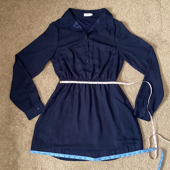 TOBI plain navy blue button up long sleeve dress with cinched waist, medium - Picture 9 of 15